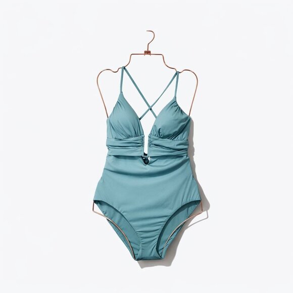 Becca Bristol Plunge One-Piece Cutout Crisscross Swimsuit Mineral Blue Size S - Picture 3 of 16